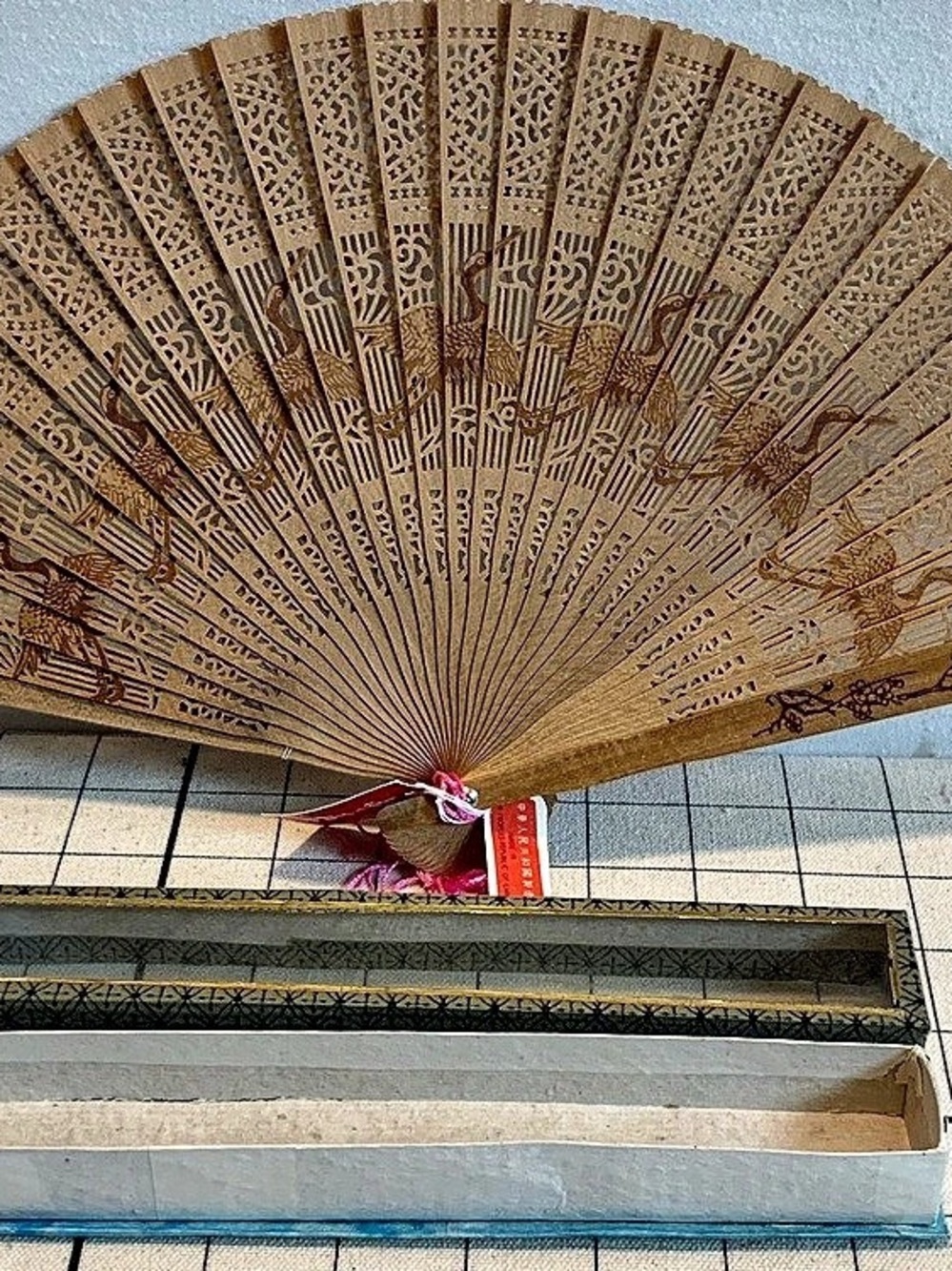 Vintage Carved Sandalwood Folding Fan -Double Sided Cranes, in box w/ tags